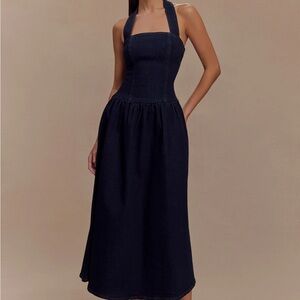 MESHKI Caroline denim halter midi dress